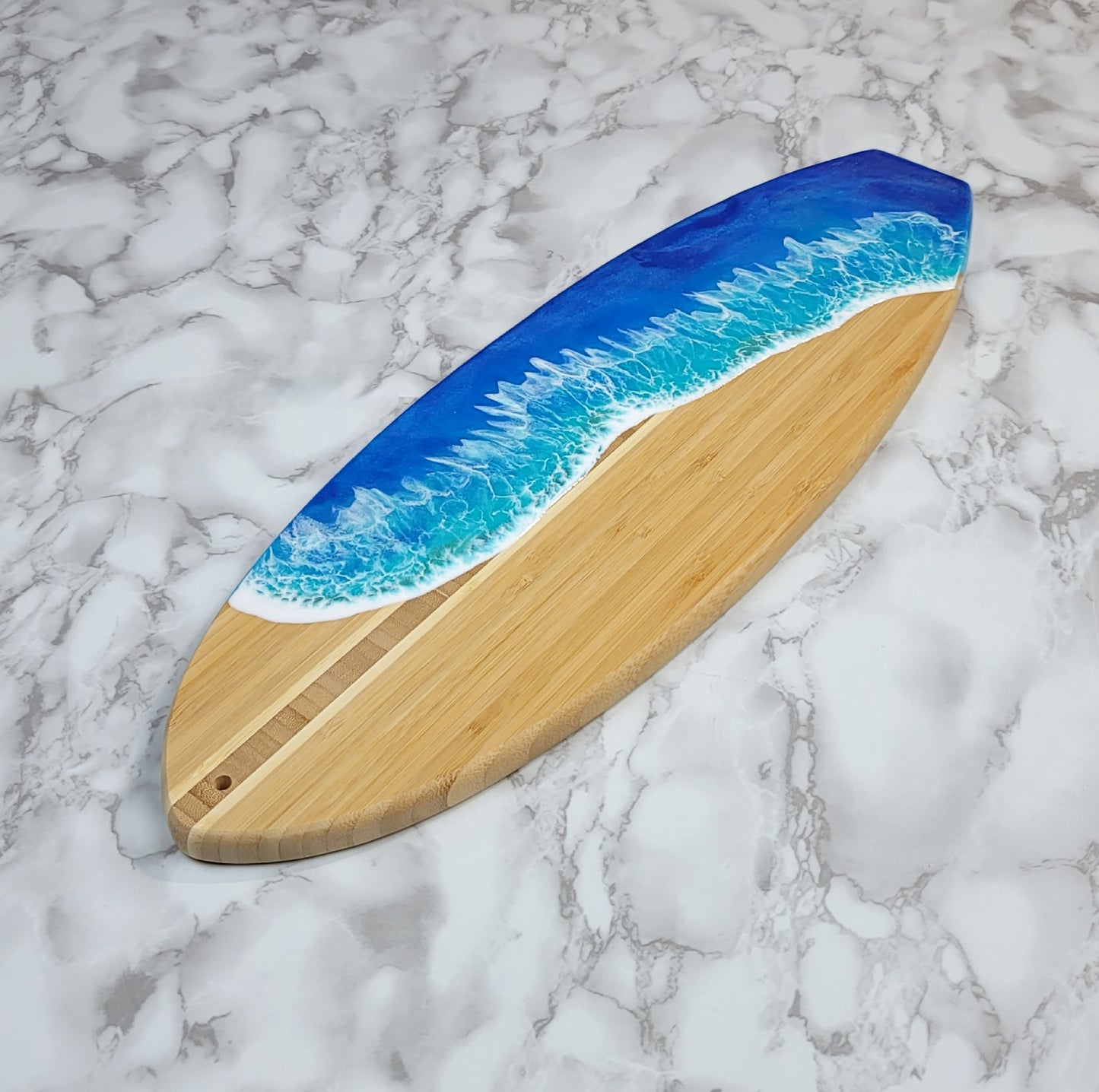 Surfboard Shaped Bamboo Wood Board with Ocean Resin Design