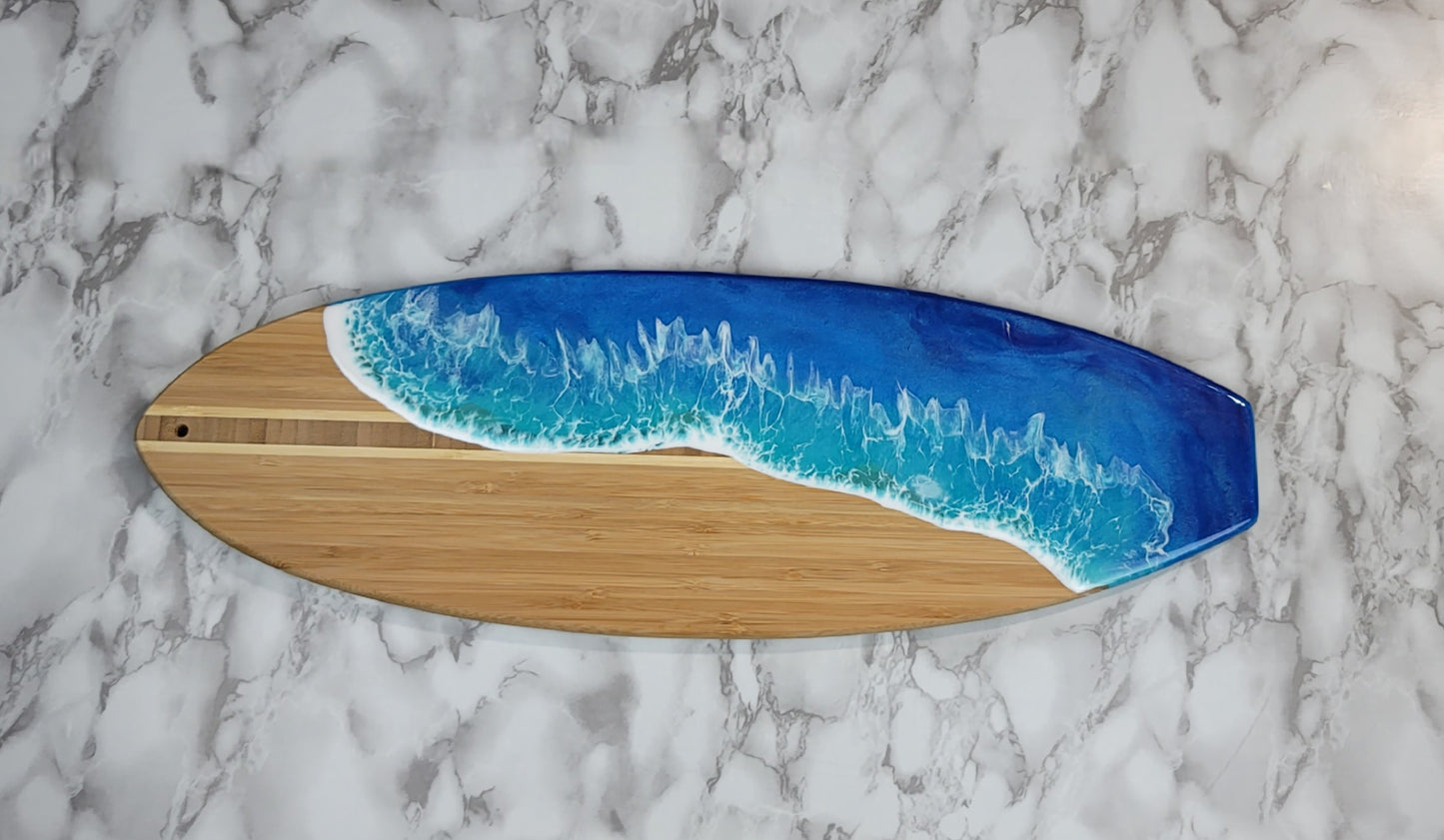 Surfboard Shaped Bamboo Wood Board with Ocean Resin Design