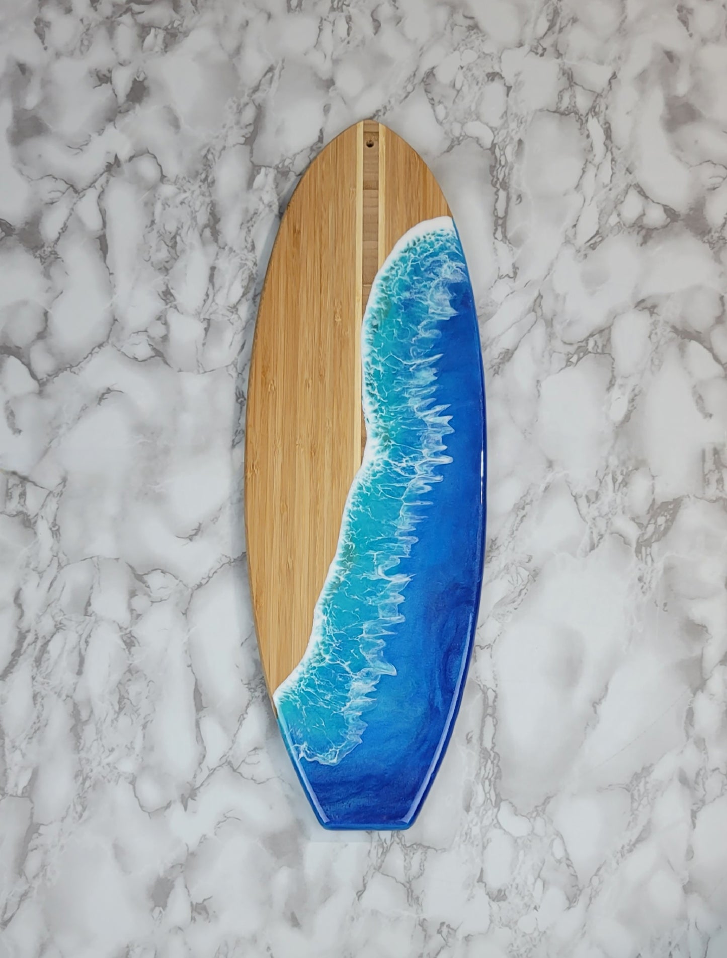 Surfboard Shaped Bamboo Wood Board with Ocean Resin Design