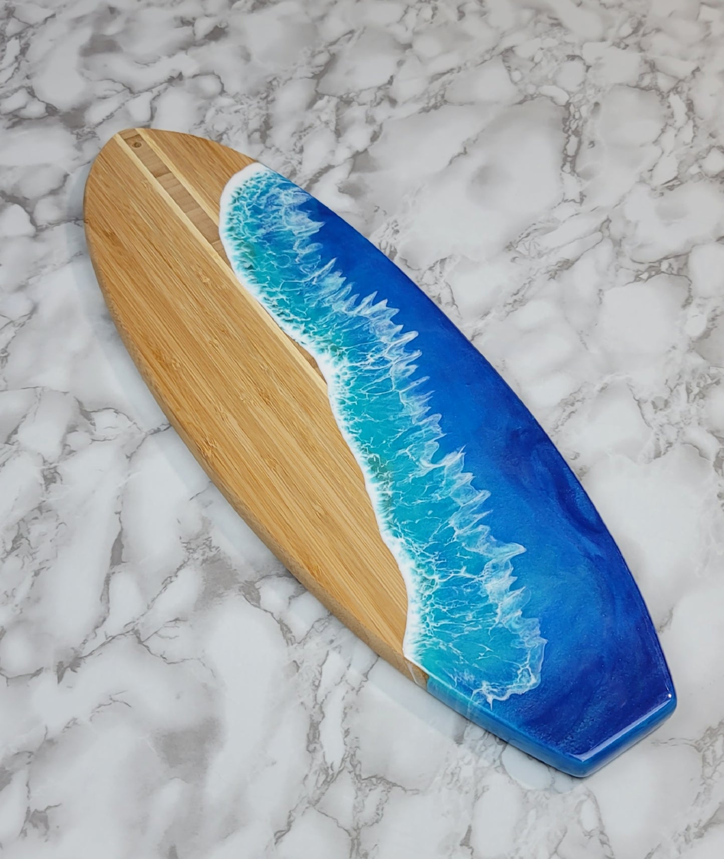 Surfboard Shaped Bamboo Wood Board with Ocean Resin Design