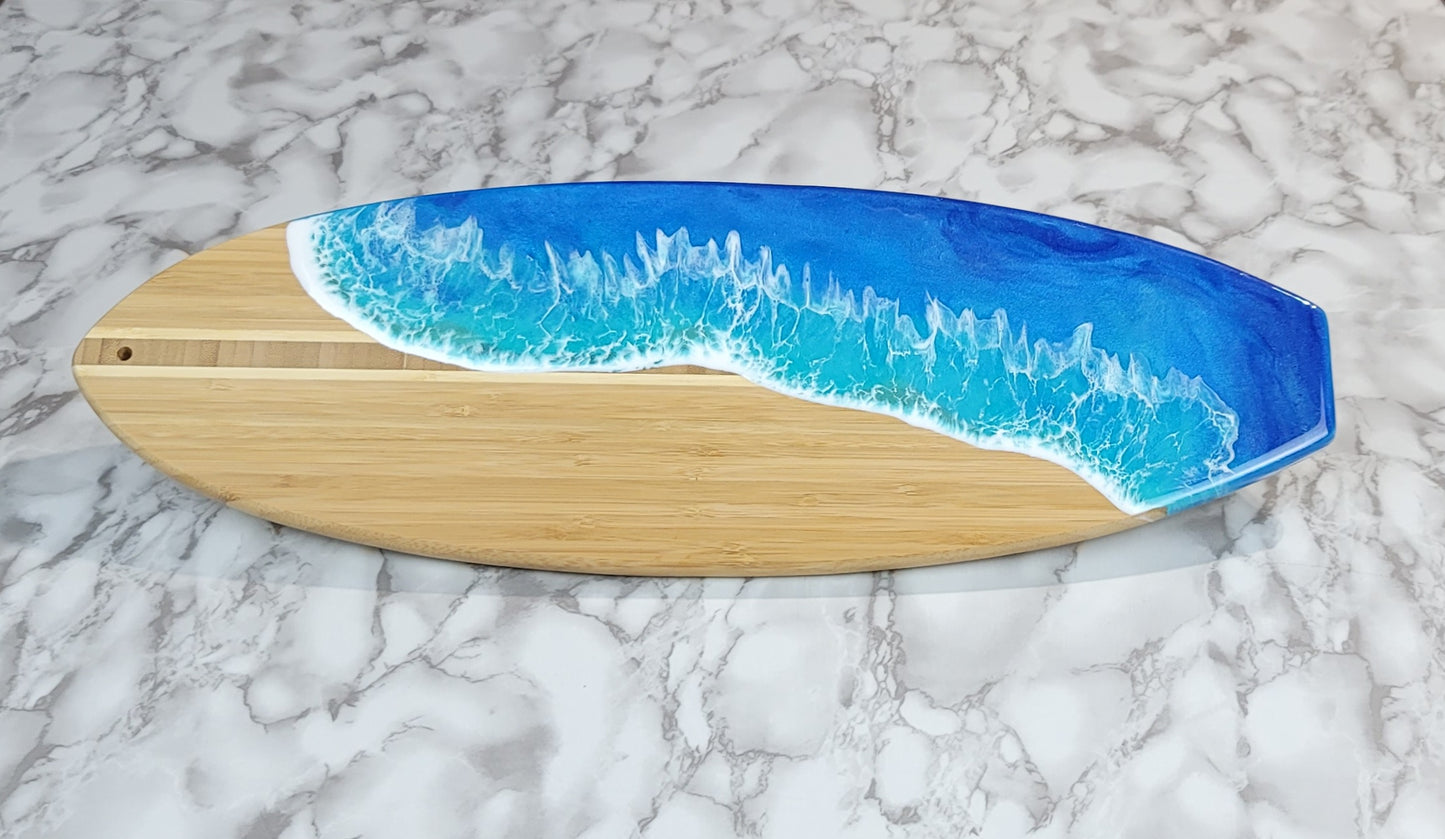 Surfboard Shaped Bamboo Wood Board with Ocean Resin Design