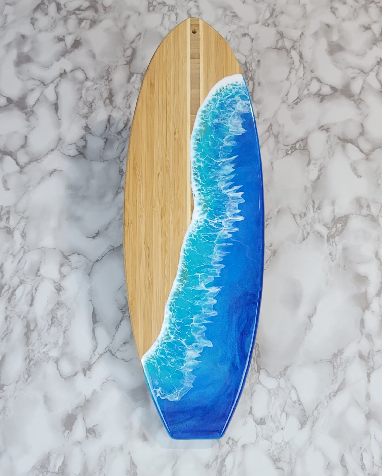 Surfboard Shaped Bamboo Wood Board with Ocean Resin Design