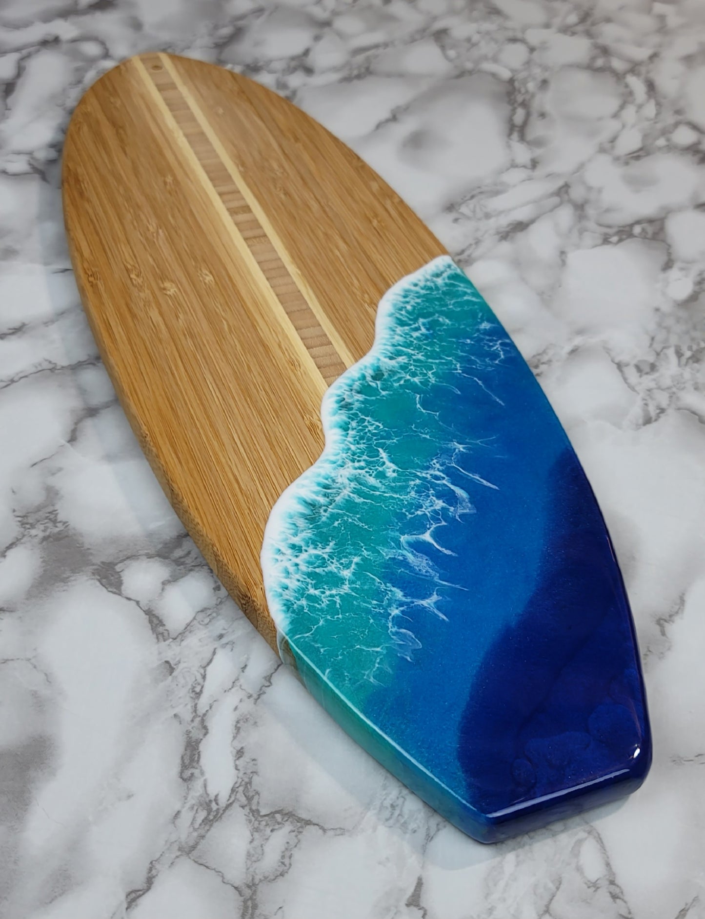 Surfboard Shaped Bamboo Wood Board with Ocean Resin Design