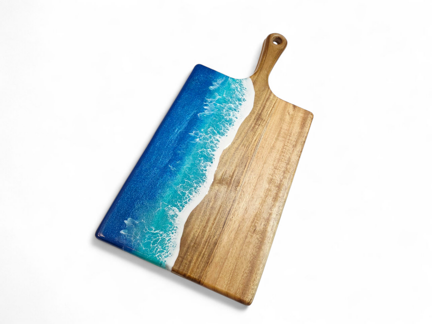 Handcrafted Large Acacia Wood Paddle Board with Ocean Resin Design