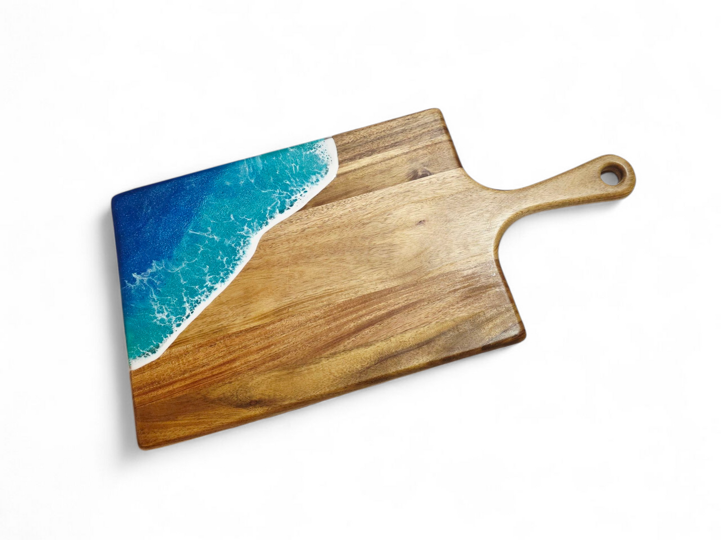 Handcrafted Large Acacia Wood Paddle Board with Ocean Resin Design
