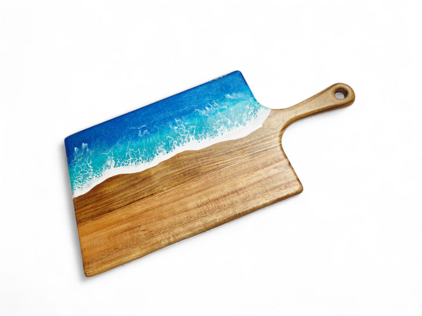 Handcrafted Large Acacia Wood Paddle Board with Ocean Resin Design