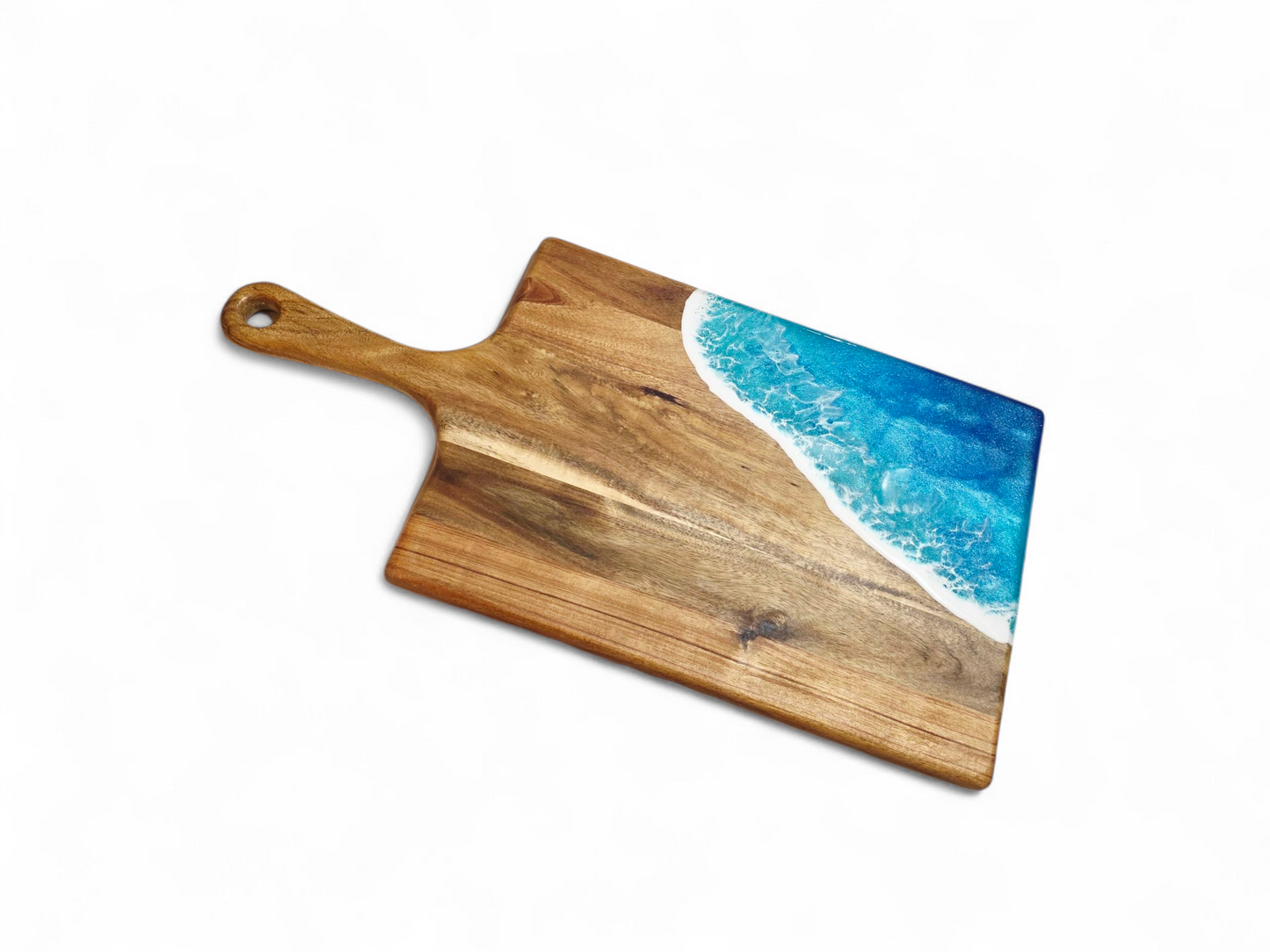 Handcrafted Large Acacia Wood Paddle Board with Ocean Resin Design
