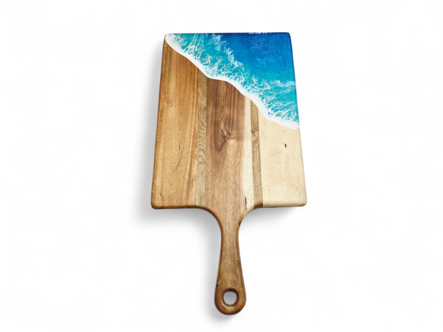 Handcrafted Large Acacia Wood Paddle Board with Ocean Resin Design