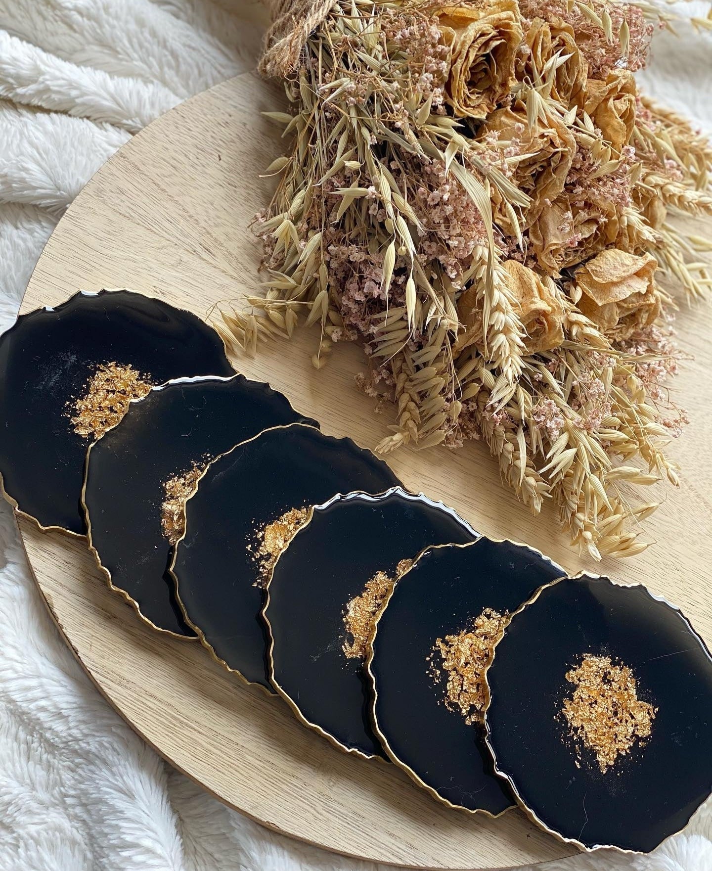 Geode Glamour: Black Resin Coasters with Gold Leaf Center and Gilded Edges - 5in