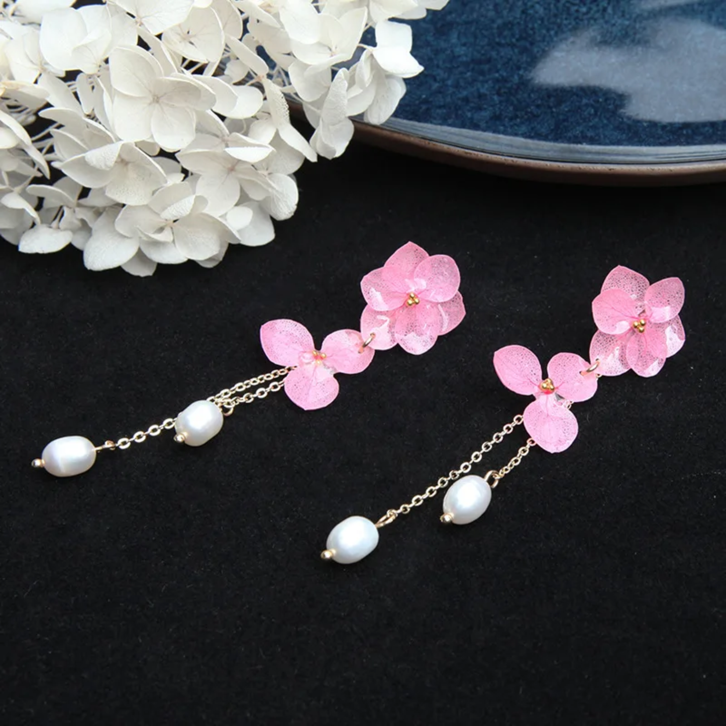 Handmade Real Hydrangea Flower Resin Earrings