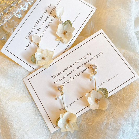 Handmade Real White Hydrangea Flower Resin Earrings