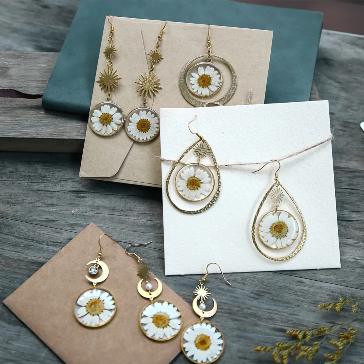 Handmade Real Pressed White Daisy Resin Earrings