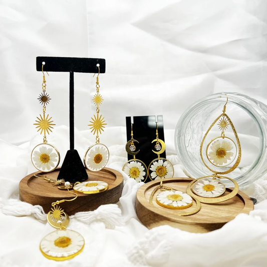 Handmade Real Pressed White Daisy Resin Earrings