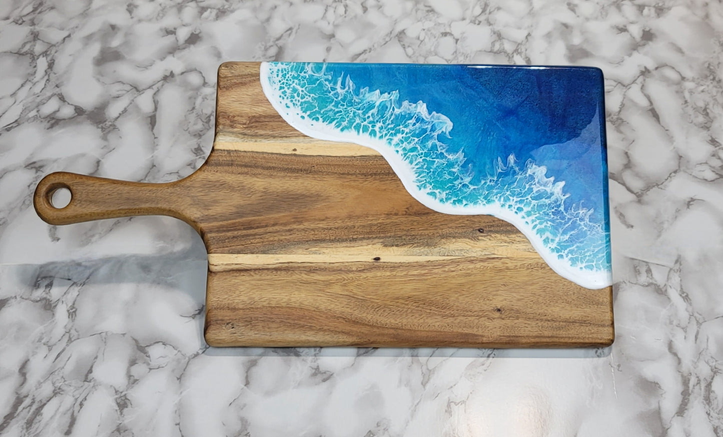 Handcrafted Large Acacia Wood Paddle Board with Ocean Resin Design