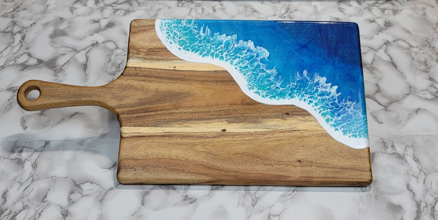 Handcrafted Large Acacia Wood Paddle Board with Ocean Resin Design