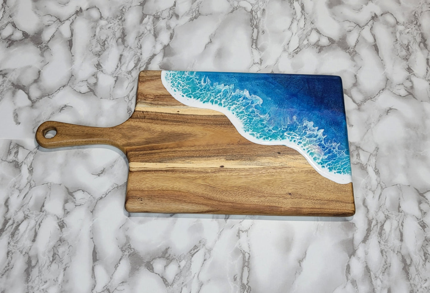 Handcrafted Large Acacia Wood Paddle Board with Ocean Resin Design