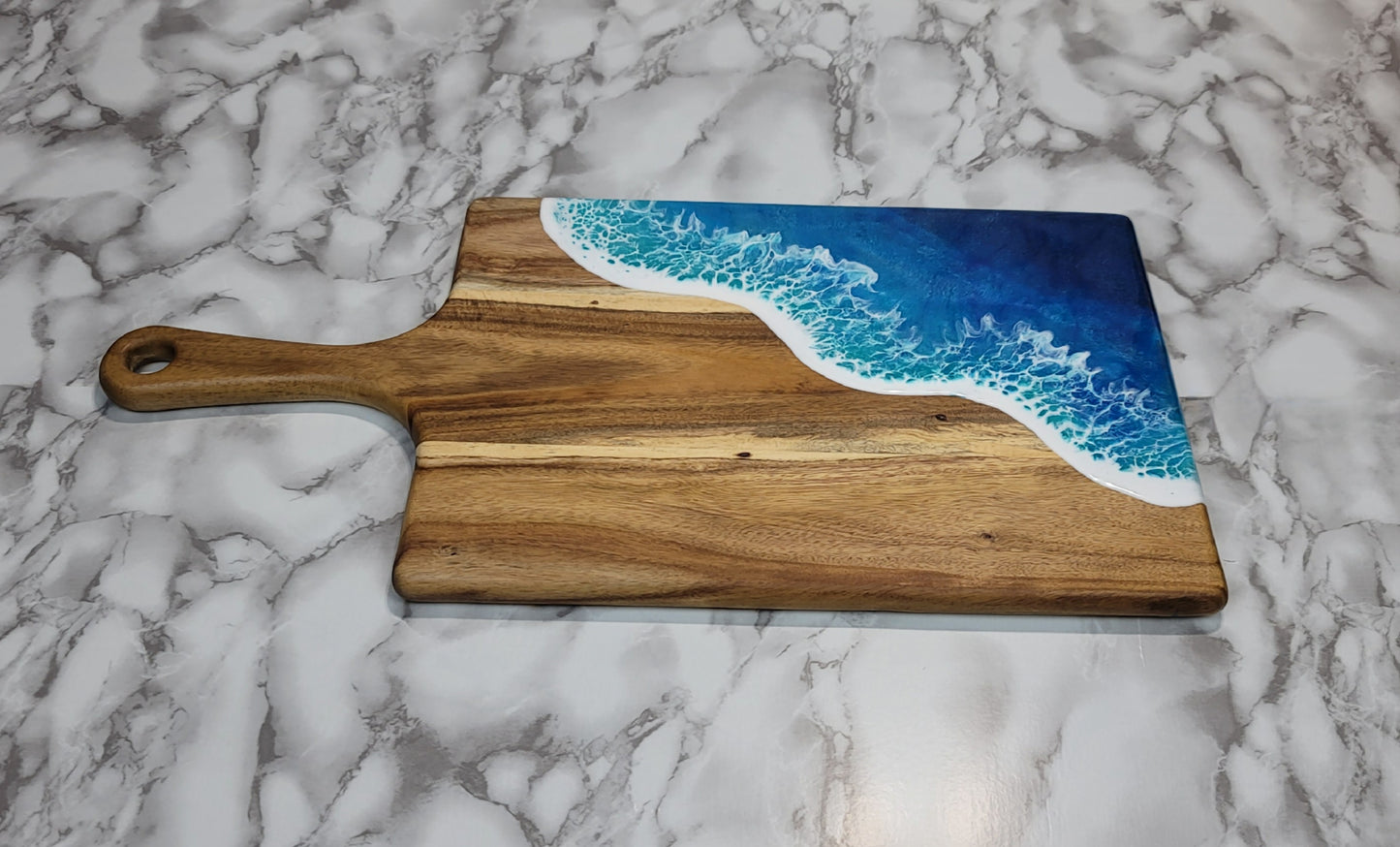 Handcrafted Large Acacia Wood Paddle Board with Ocean Resin Design