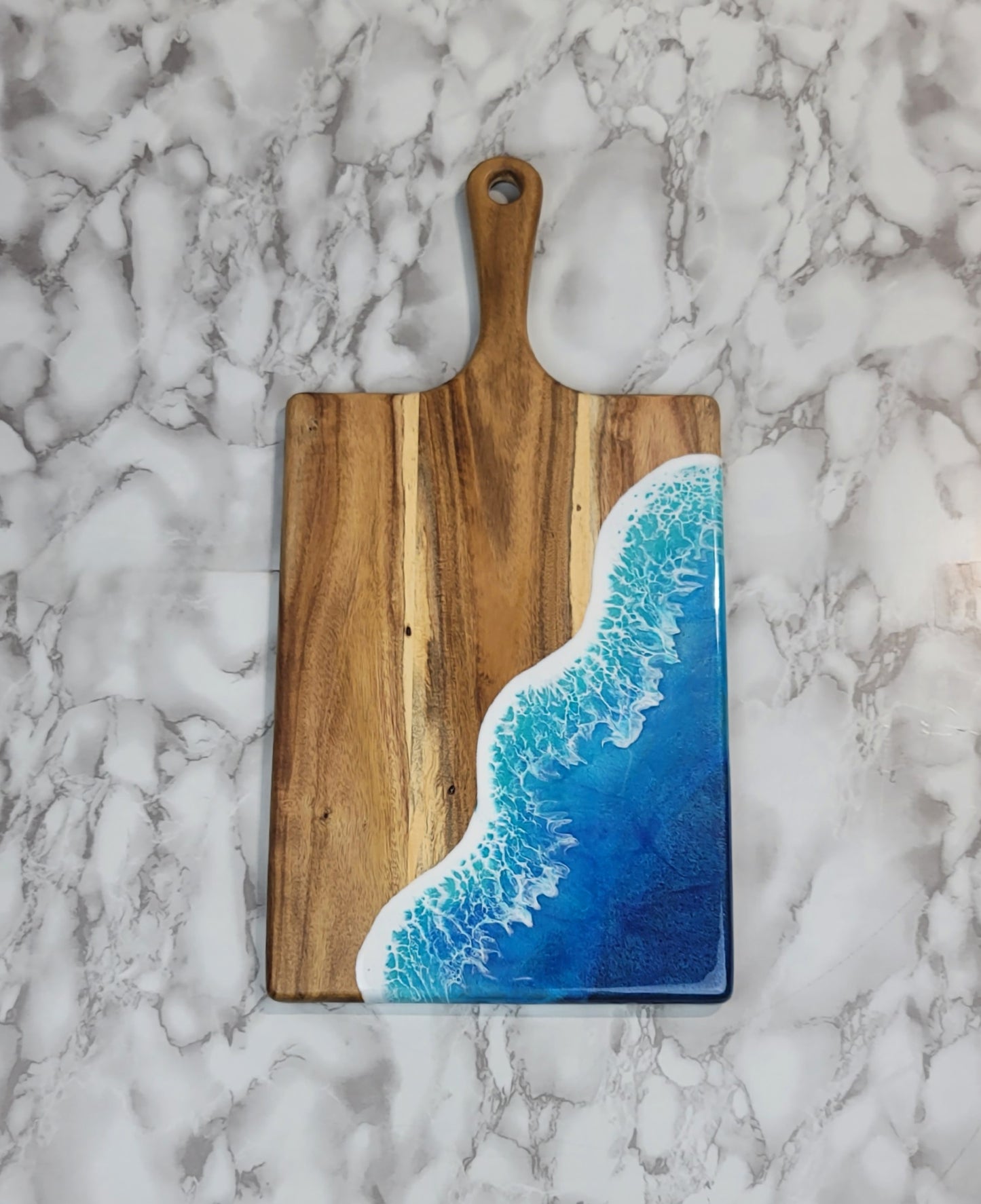 Handcrafted Large Acacia Wood Paddle Board with Ocean Resin Design