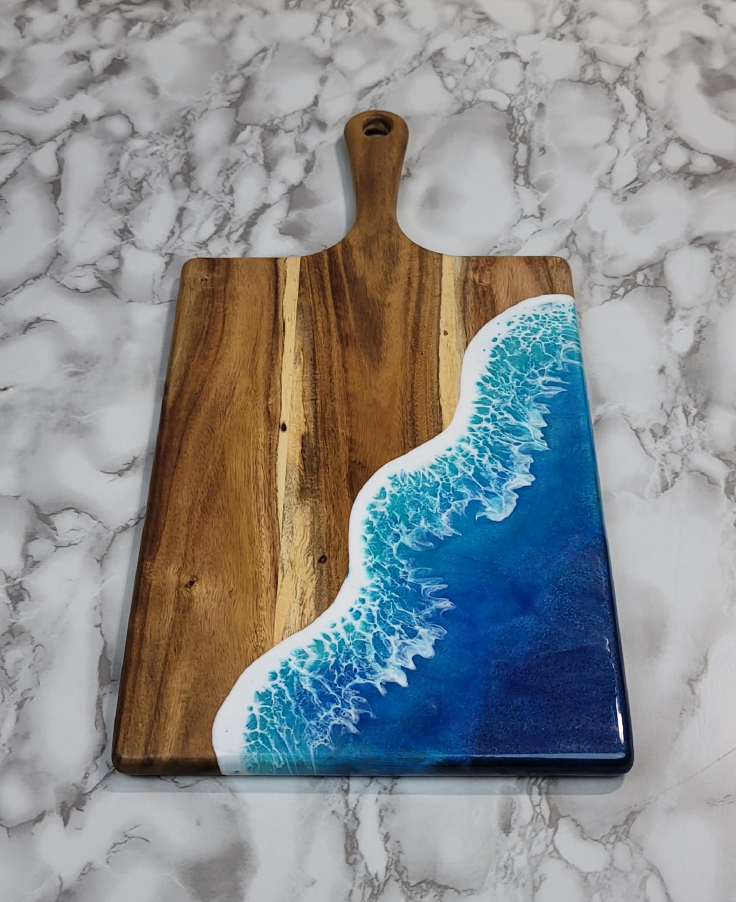 Handcrafted Large Acacia Wood Paddle Board with Ocean Resin Design