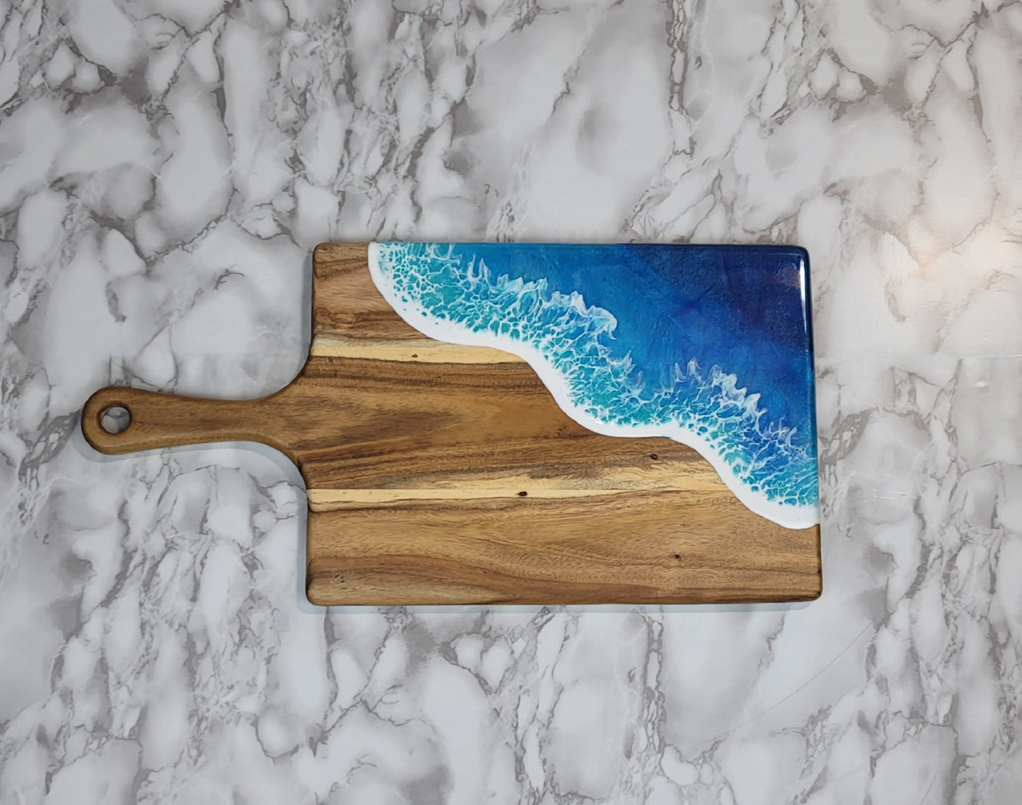 Handcrafted Large Acacia Wood Paddle Board with Ocean Resin Design