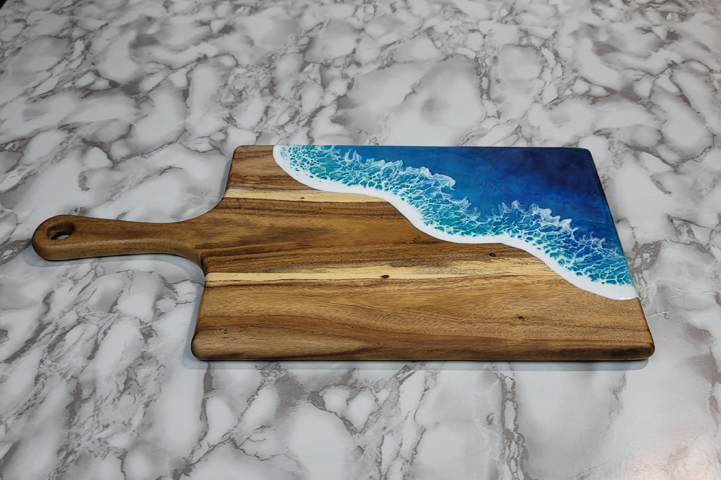 Handcrafted Large Acacia Wood Paddle Board with Ocean Resin Design