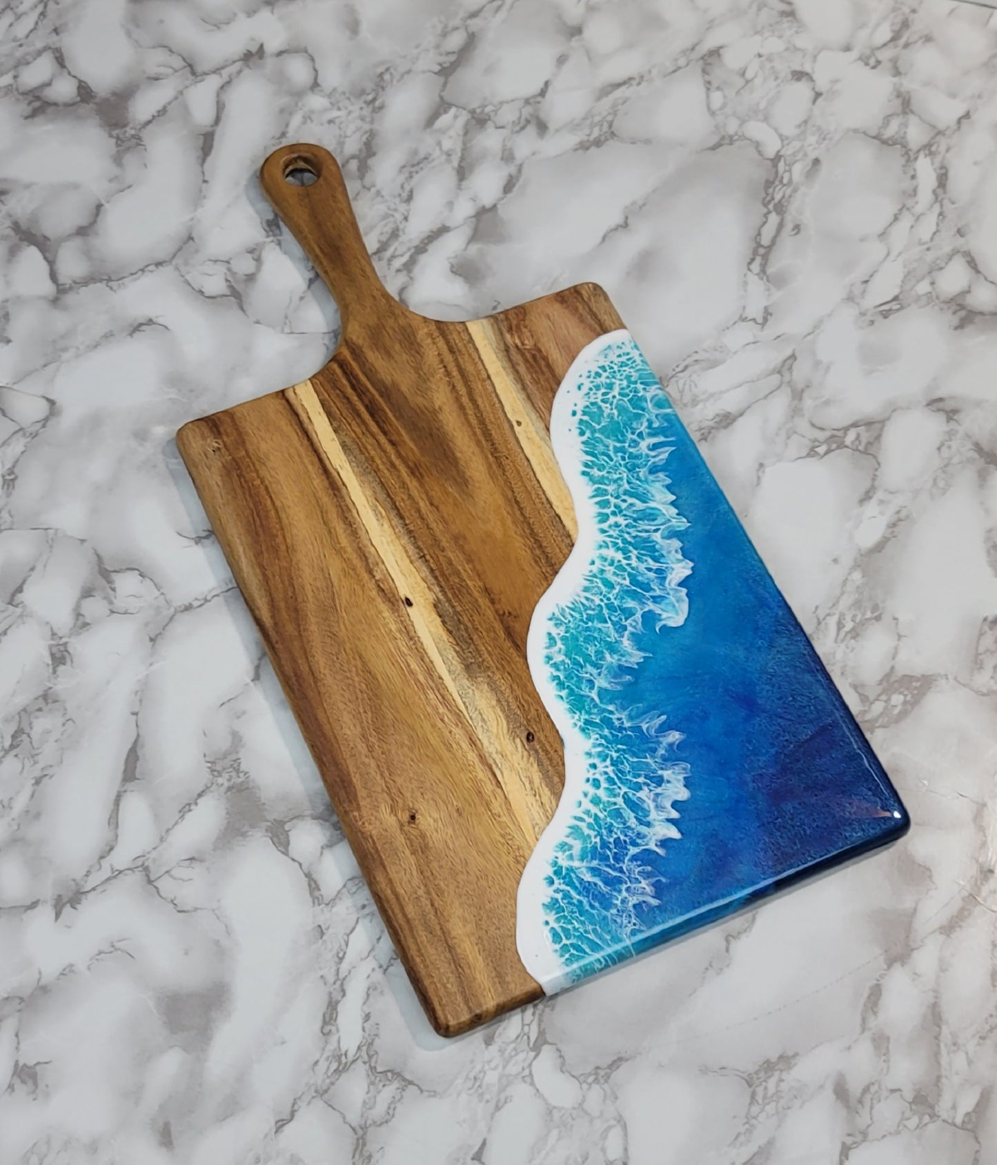 Handcrafted Large Acacia Wood Paddle Board with Ocean Resin Design