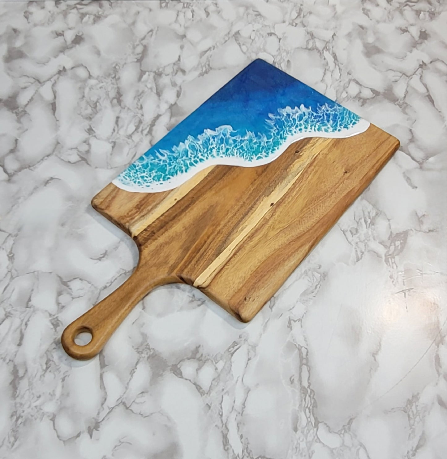 Handcrafted Large Acacia Wood Paddle Board with Ocean Resin Design