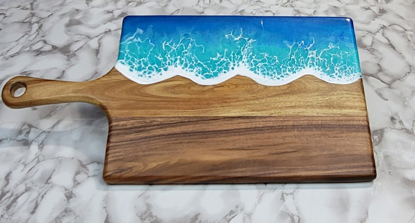 Handcrafted Large Acacia Wood Paddle Board with Ocean Resin Design