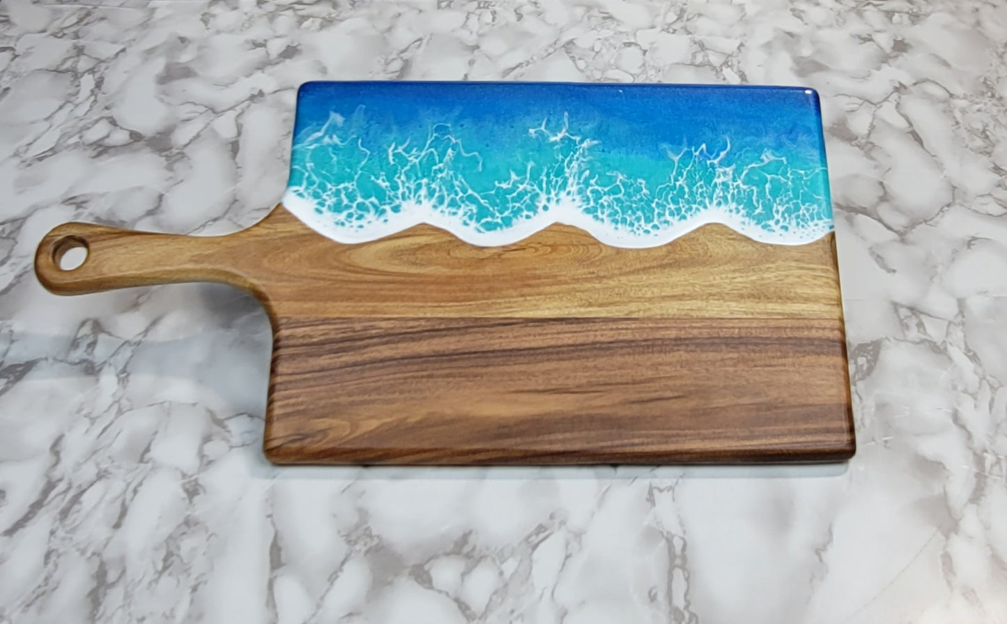 Handcrafted Large Acacia Wood Paddle Board with Ocean Resin Design