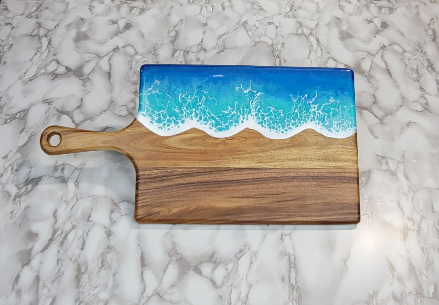 Handcrafted Large Acacia Wood Paddle Board with Ocean Resin Design