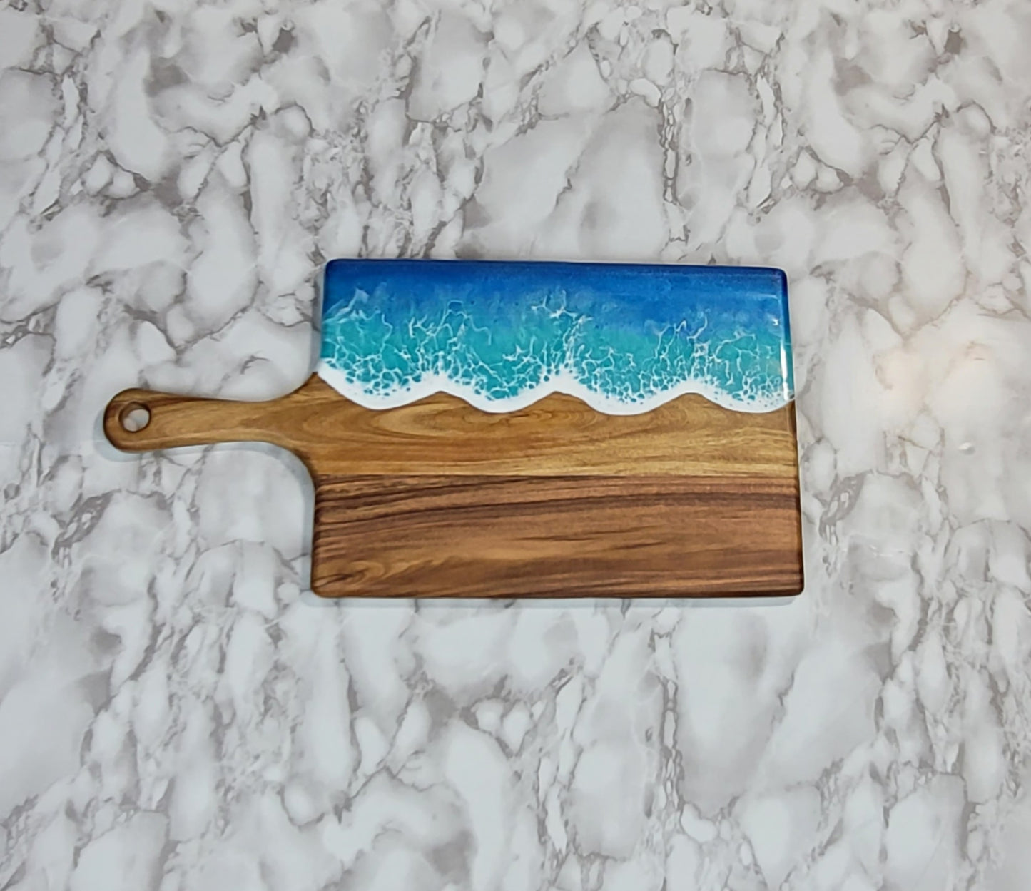 Handcrafted Large Acacia Wood Paddle Board with Ocean Resin Design