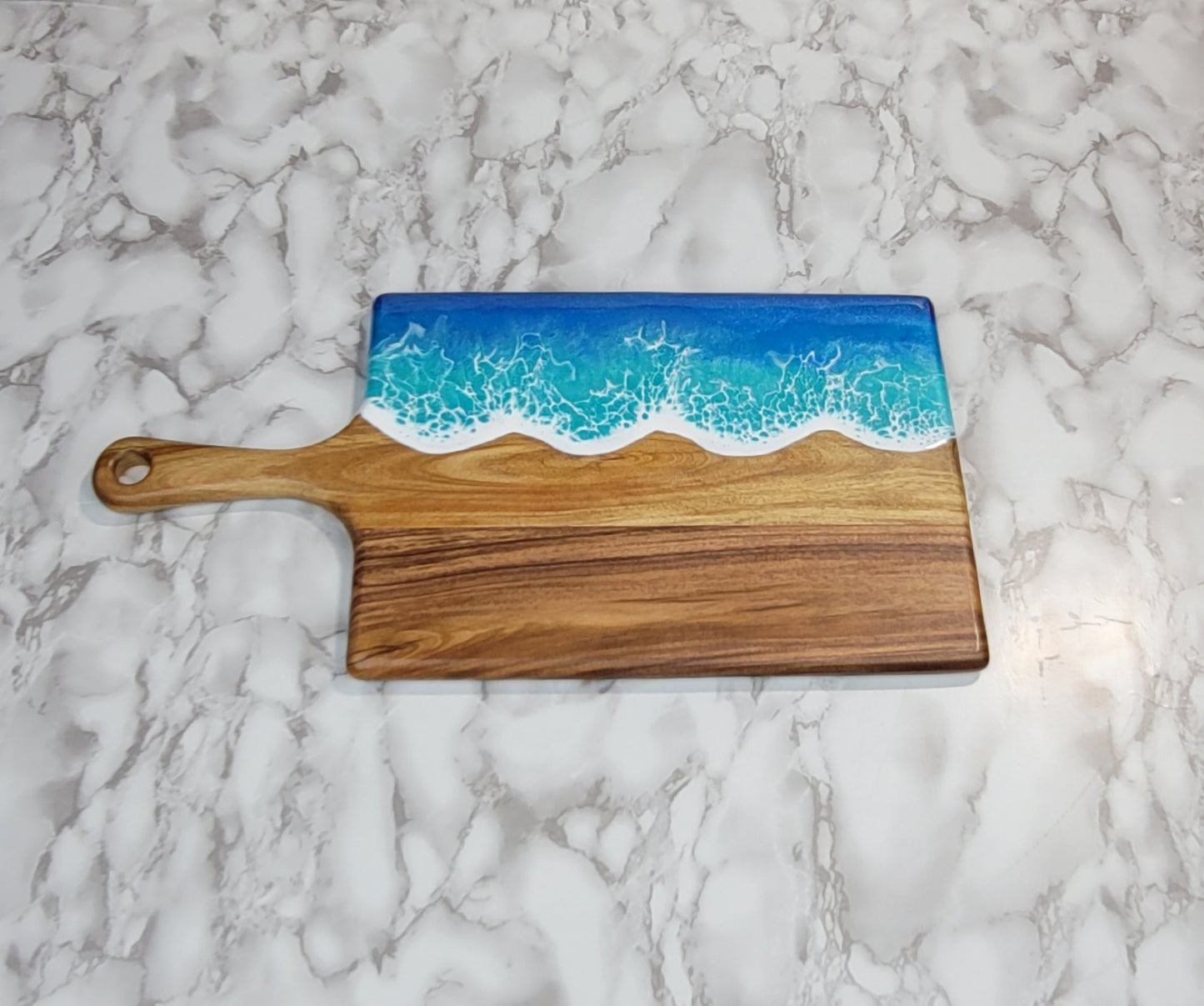 Handcrafted Large Acacia Wood Paddle Board with Ocean Resin Design