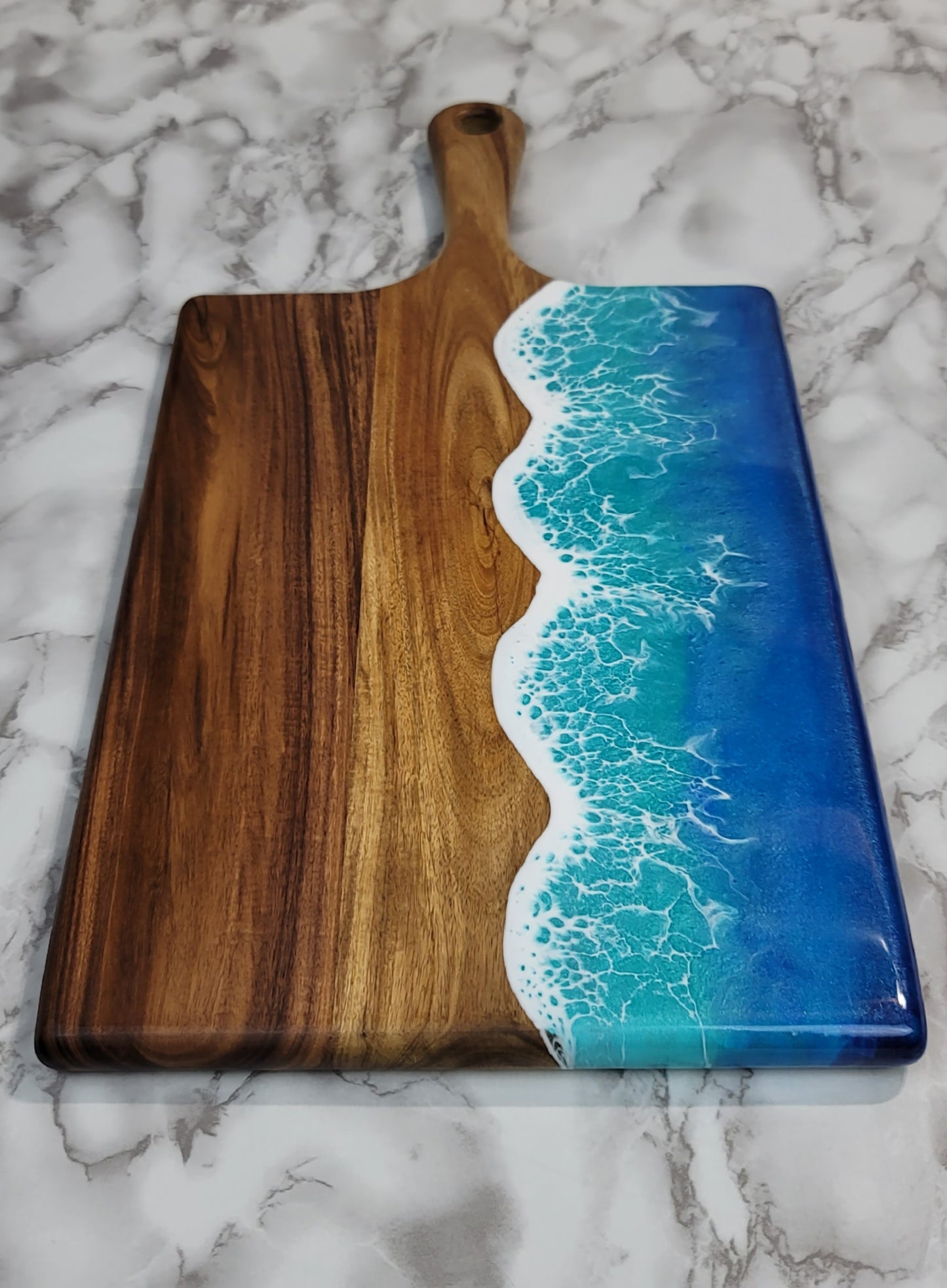 Handcrafted Large Acacia Wood Paddle Board with Ocean Resin Design