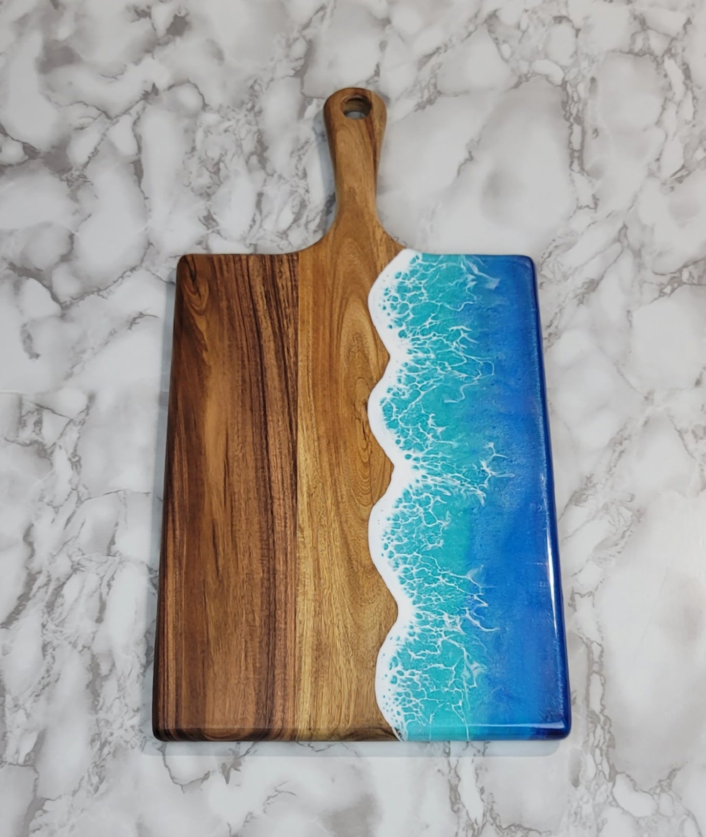 Handcrafted Large Acacia Wood Paddle Board with Ocean Resin Design