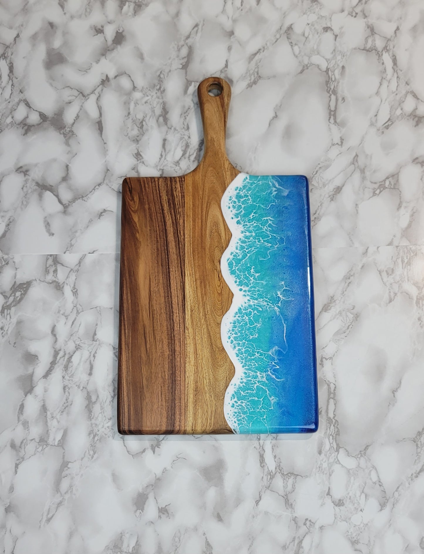 Handcrafted Large Acacia Wood Paddle Board with Ocean Resin Design