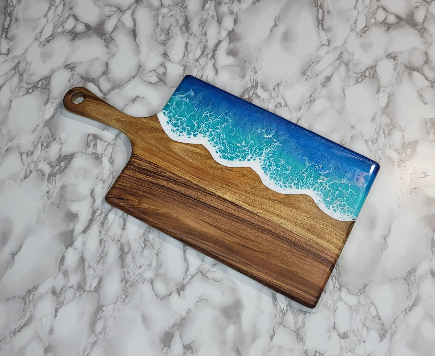 Handcrafted Large Acacia Wood Paddle Board with Ocean Resin Design