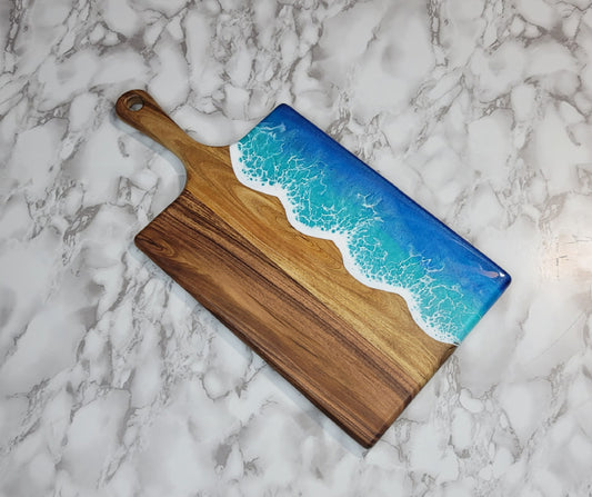 Handcrafted Large Acacia Wood Paddle Board with Ocean Resin Design