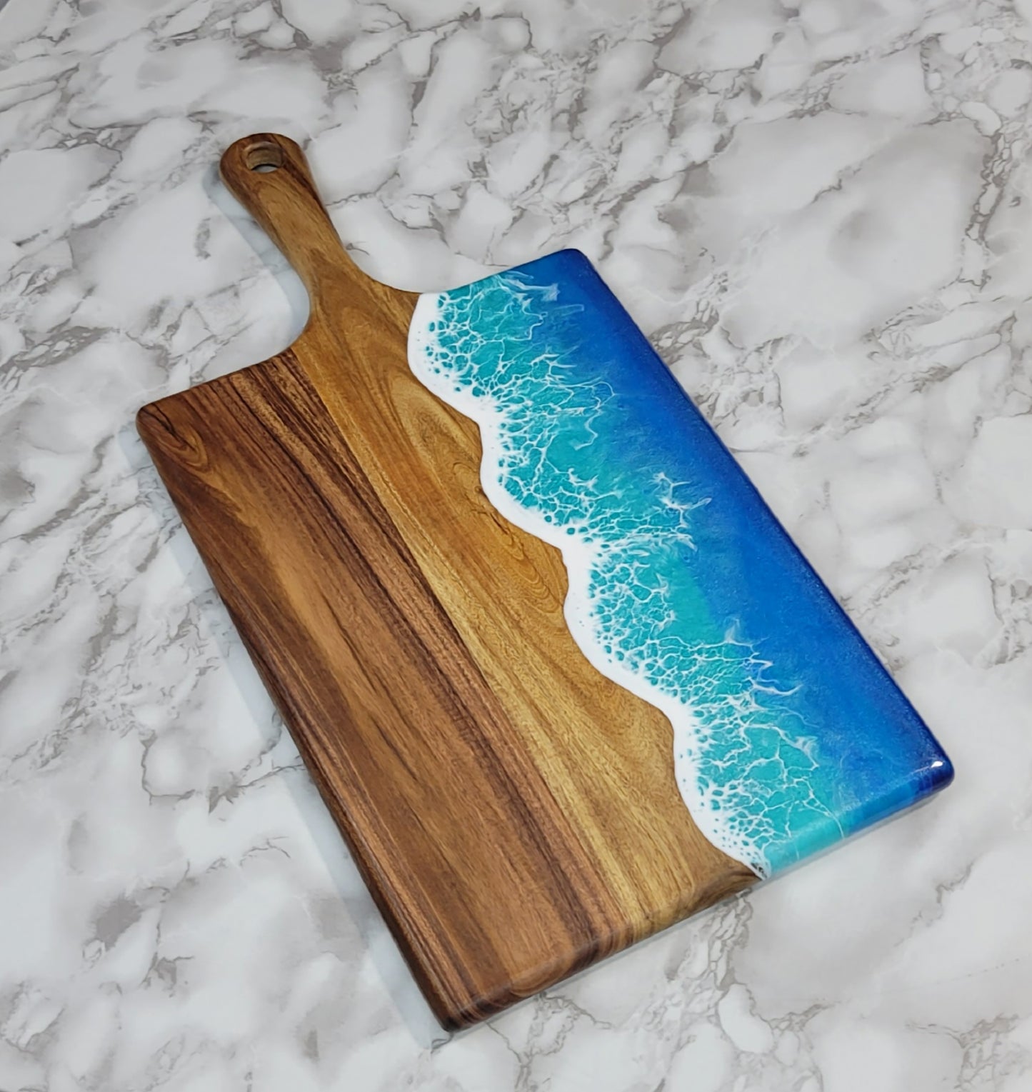 Handcrafted Large Acacia Wood Paddle Board with Ocean Resin Design