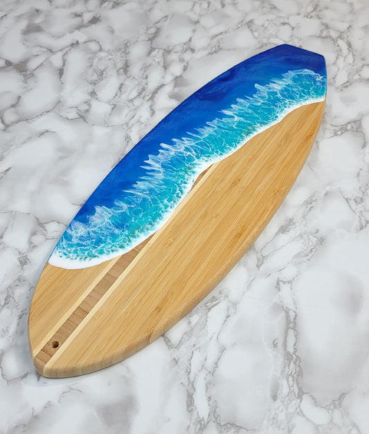 Surfboard Shaped Bamboo Wood Board with Ocean Resin Design