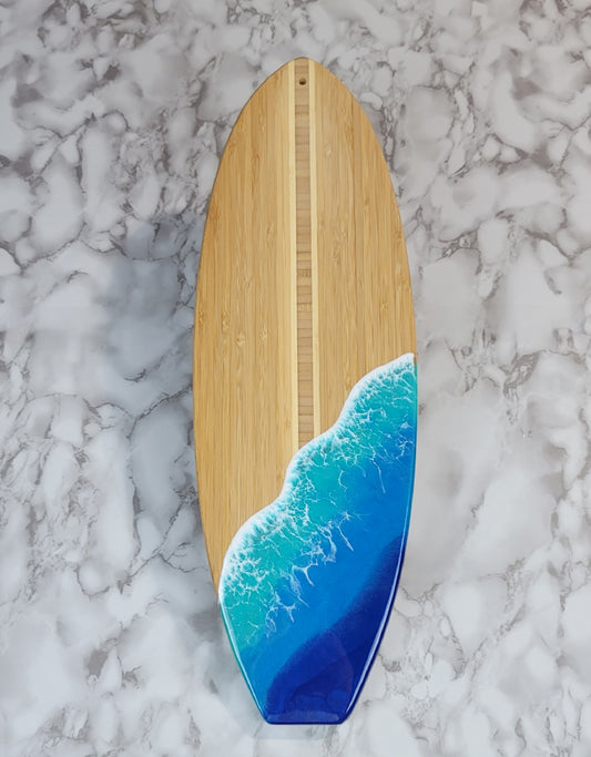 Surfboard Shaped Bamboo Wood Board with Ocean Resin Design