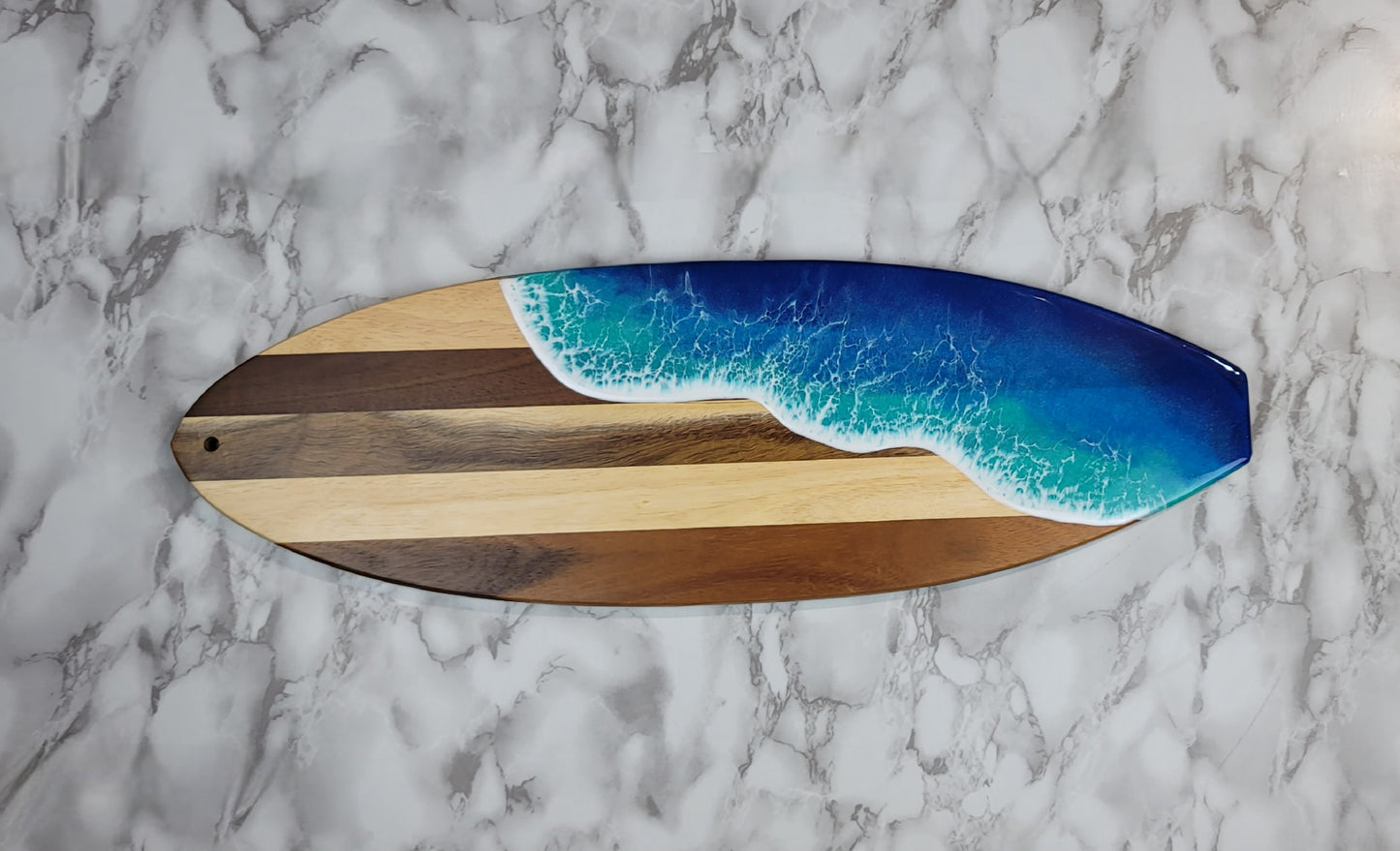 Surfboard Shaped Acacia Wood Board with Ocean Resin Design