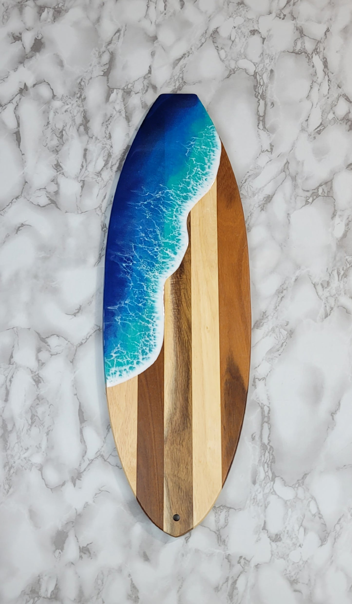 Surfboard Shaped Acacia Wood Board with Ocean Resin Design