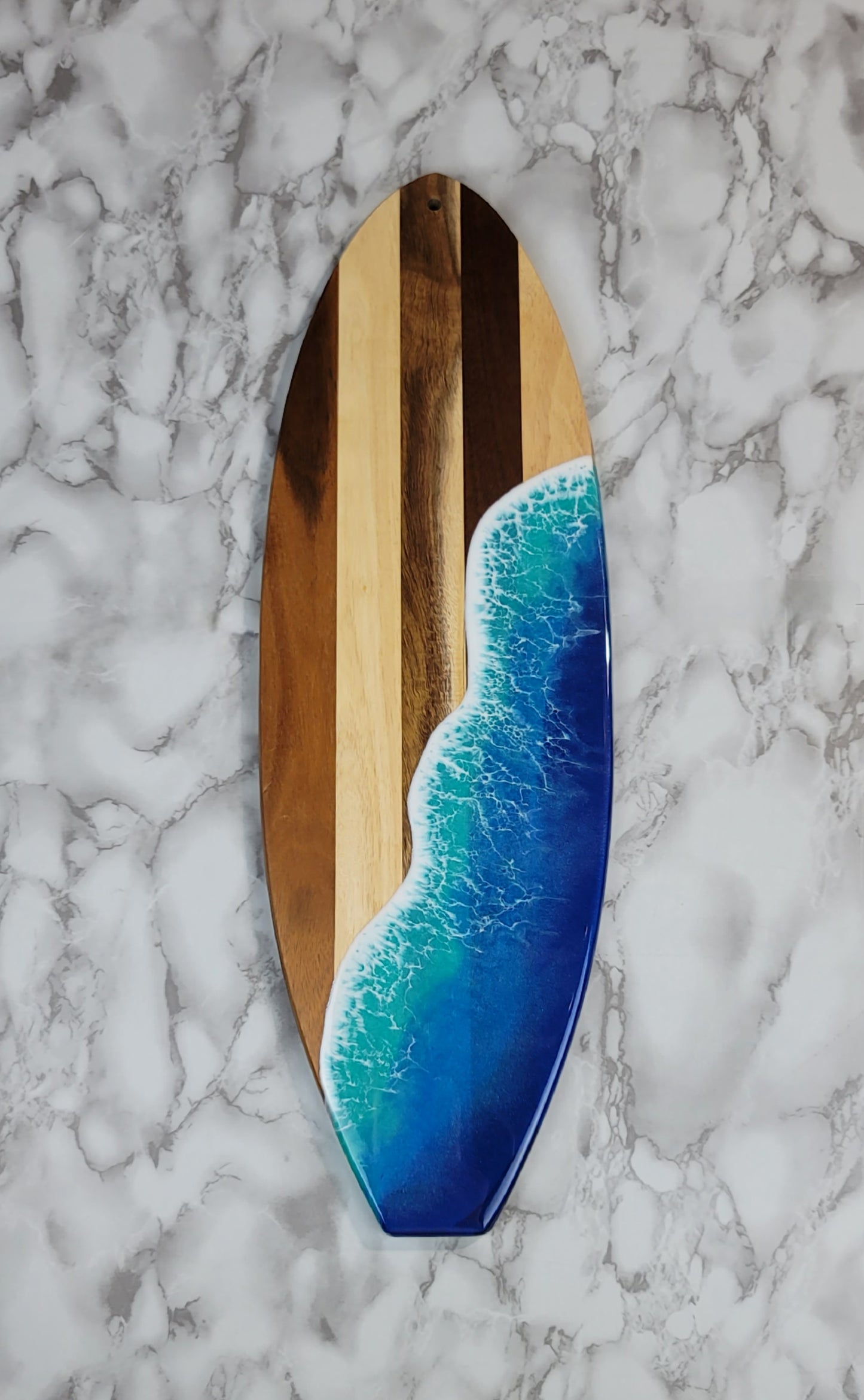 Surfboard Shaped Acacia Wood Board with Ocean Resin Design