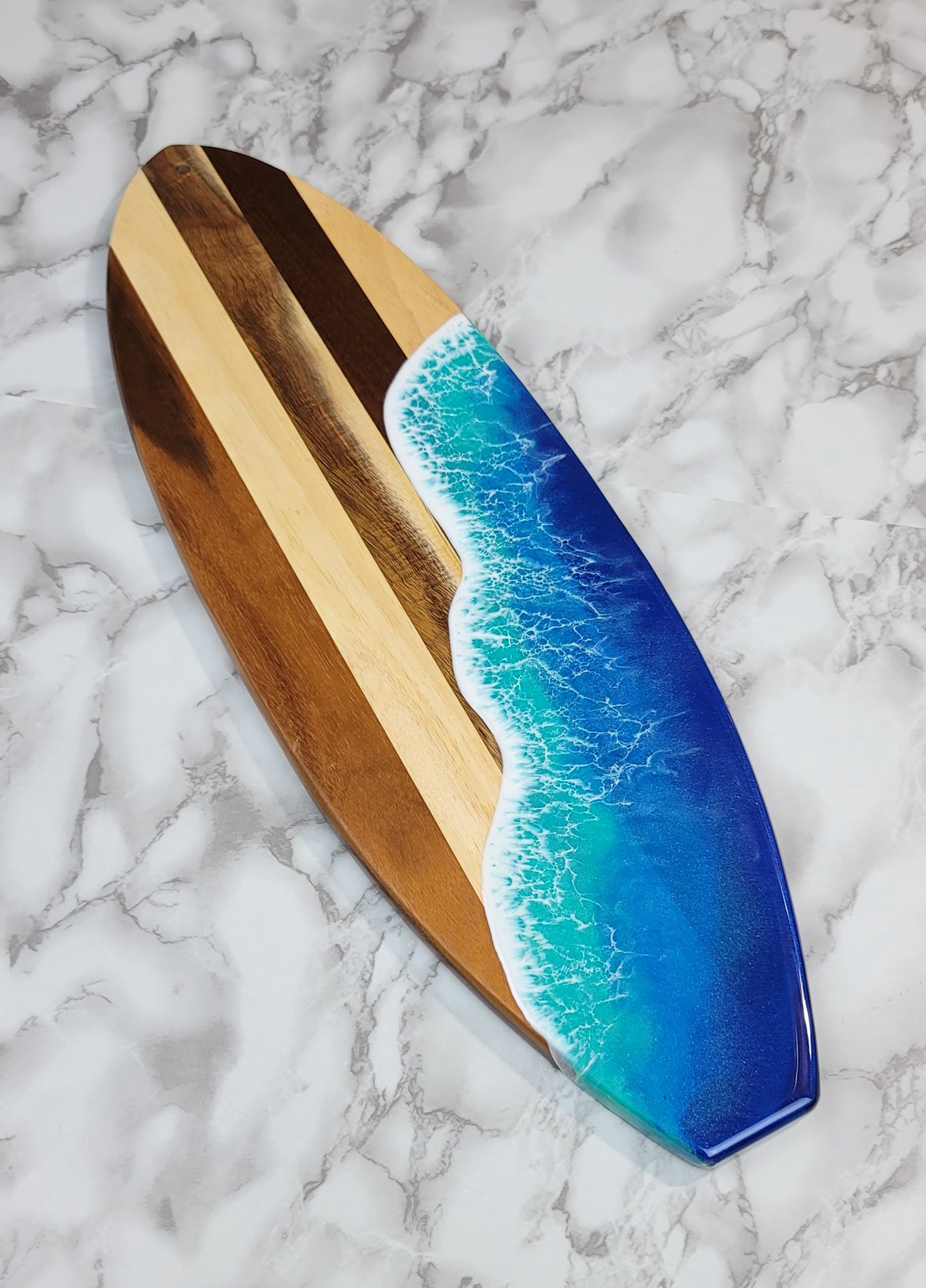 Surfboard Shaped Acacia Wood Board with Ocean Resin Design