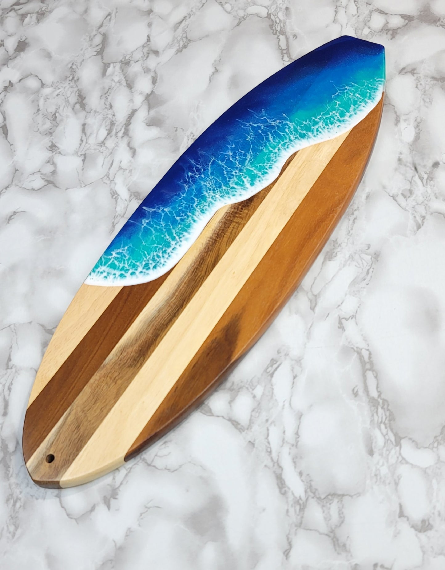 Surfboard Shaped Acacia Wood Board with Ocean Resin Design