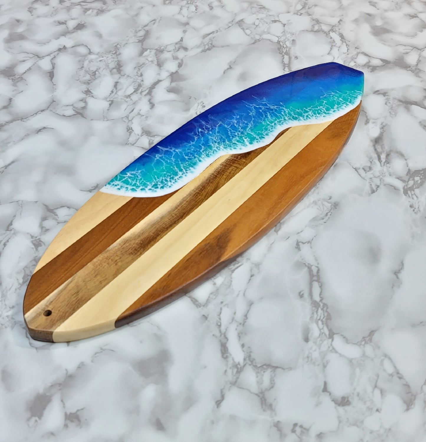 Surfboard Shaped Acacia Wood Board with Ocean Resin Design