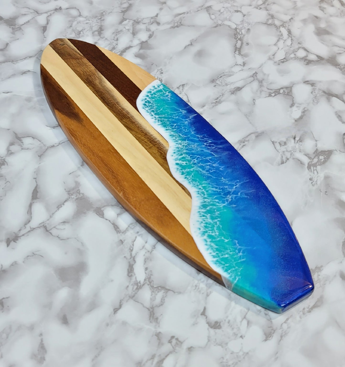 Surfboard Shaped Acacia Wood Board with Ocean Resin Design