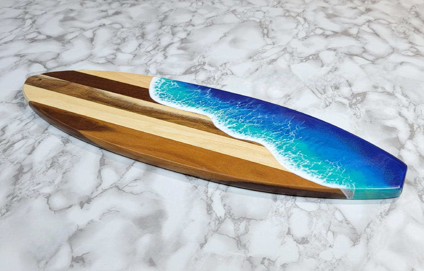 Surfboard Shaped Acacia Wood Board with Ocean Resin Design