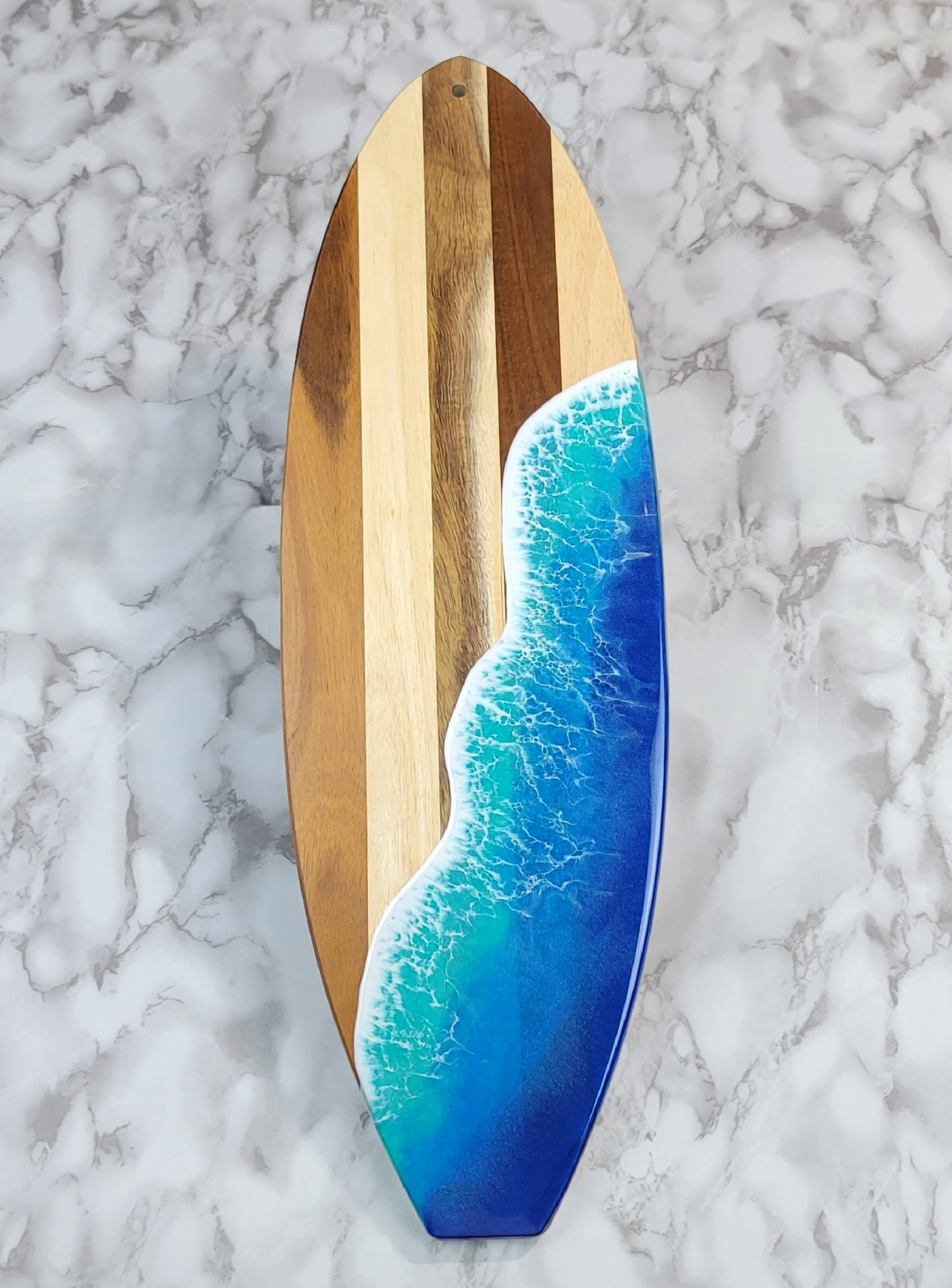 Surfboard Shaped Acacia Wood Board with Ocean Resin Design