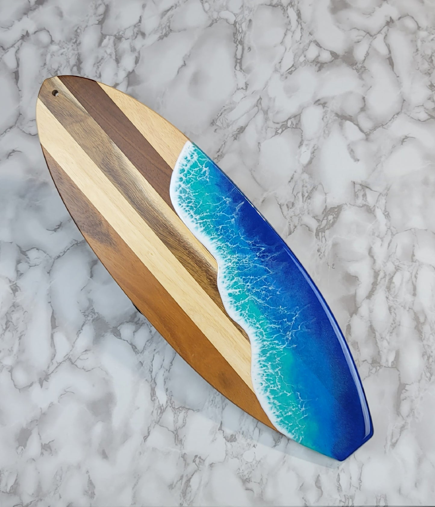 Surfboard Shaped Acacia Wood Board with Ocean Resin Design